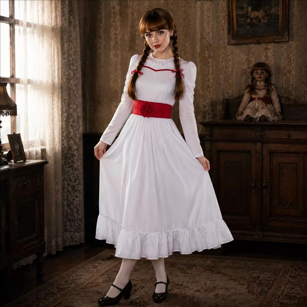 Vintage Fashion Dresses - 女性用ヴィンテージ邪悪なホラードールコスプレドレス、恐ろしいハロウィンコスチューム、完全な衣装、カーニバル用合成ウィッグ