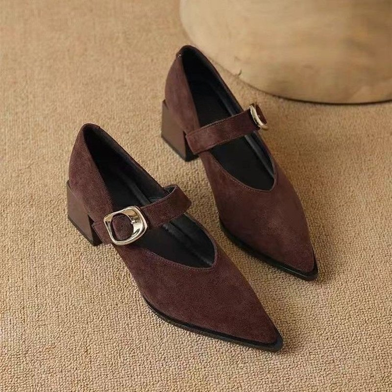 Vintage Fashion Online - レディース ヴィンテージ メリージェーン ブロックヒール パンプス、ポインテッドトゥ ドレスシューズ、調整可能なバックルストラップ付き、秋のエレガントな普段使いやオフィスに最適な靴。