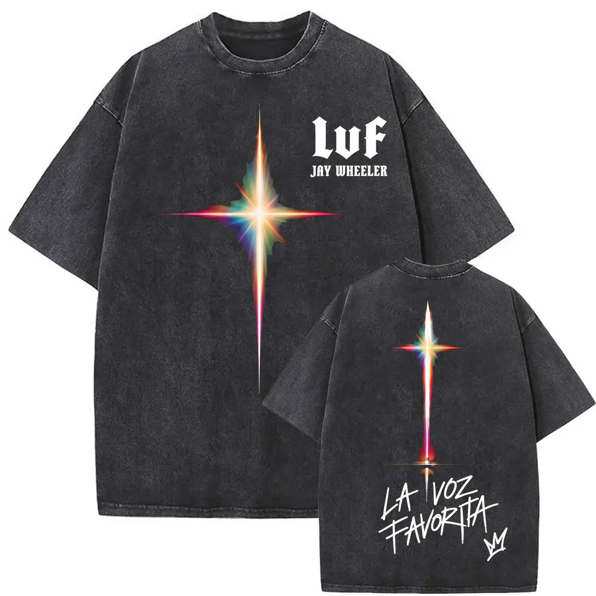 Vintage Fashion La - ヴィンテージ風ウォッシュ加工のジェイ・ウィーラー「ラ・ボス・ファボリータ・ツアー」プリントTシャツ。メンズ、レディース、ファッション、ヒップホップ、パンクスタイル。高品質でゆったりとしたシルエットのTシャツ。