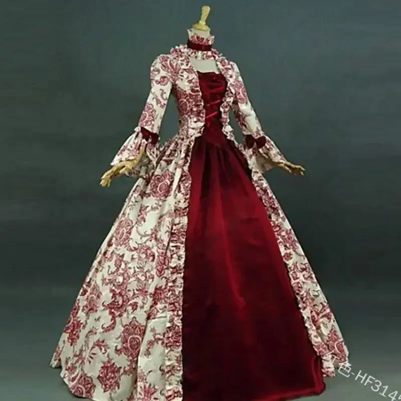 Vintage Fashion Dresses - 中世ルネサンス風プラスサイズゴシックコスプレドレス ヴィンテージ花柄レースロングガウン フレアスリーブ ハロウィンカーニバル用衣装