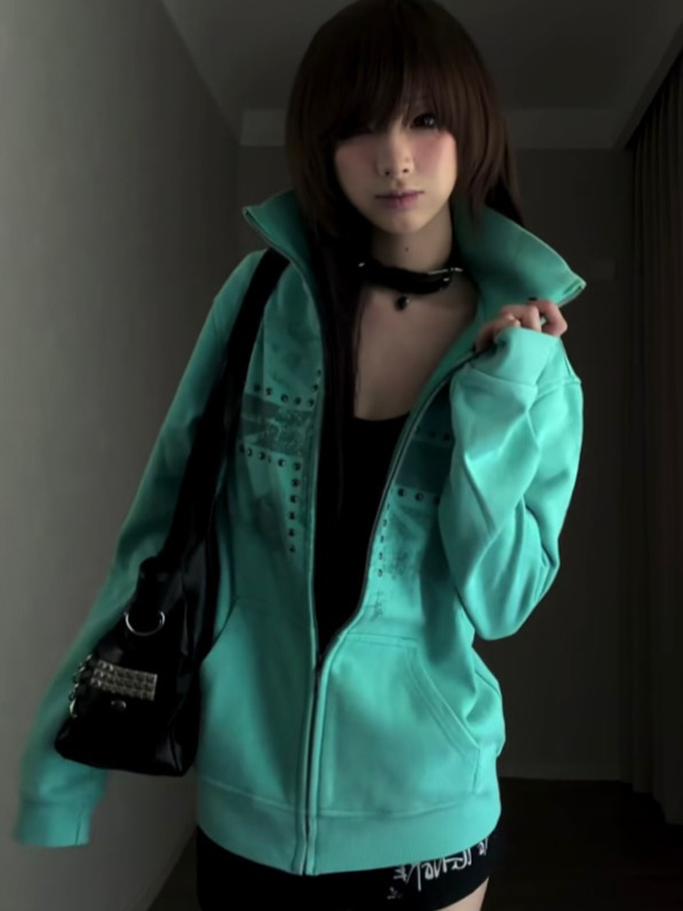 ミントグリーンプリントラインストーンパーカー女性のルーズ Y - Vintage Windbreaker Nylon のレビューと価格